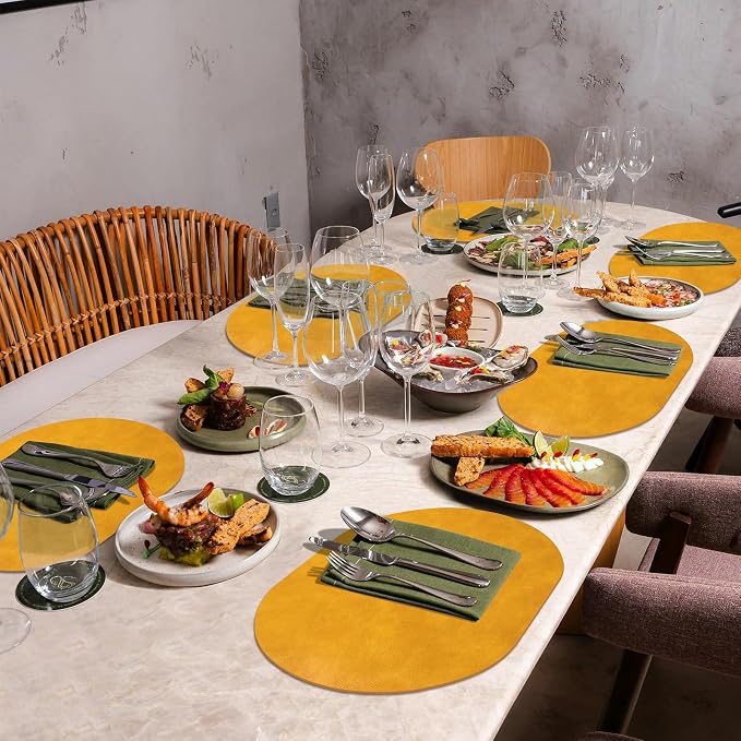 ADRIMER Placemats, Heat Resistant Oval Placemats Set of 12 Washable 12 x 17 Inch, Waterproof Table Mats, Wipeable Pu Place Mats for Kitchen, Dining Room, Yellow