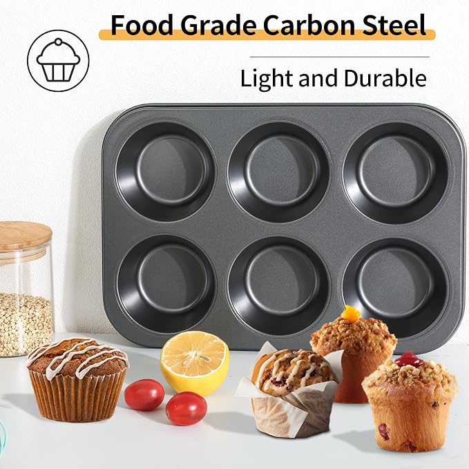Jumbo Muffin Pan 6-Cups Cupcake Pan, Premium Large Muffin Tin for Baking, Non-Stick and Thickened Carbon Steel Jumbo Cupcake
