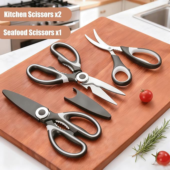 OMDAR 3 Pack Kitchen Scissors & Seafood Scissors Set, Sharp Kitchen Shears | All Purpose Stainless Steel Heavy Duty for Poultry Food Dishwasher Safe with Protective Sheath Comfort-Grip