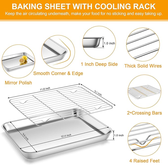 Homikit Quarter Sheet Pan with Rack Set for Toaster Oven (2 Sheets+2 Racks) | 12x10 Inch Stainless Steel Baking Sheets & Wire Cooling Grids, Small Cookie Pans Non Toxic, Metal Bacon Tray, Dishwasher Safe