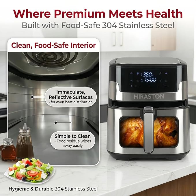 8.5QT Digital Air Fryer, XL Stainless Steel Oven with Clear Window | HEALTHY COOKING: Large air fryer for 5-6 people; PFAS-free coating for toxin-free meals & effortless dishwasher clean.