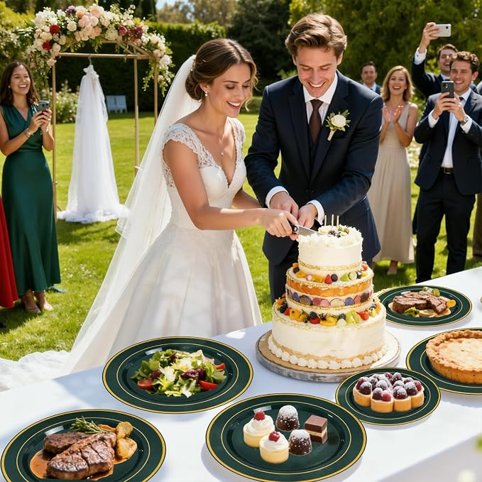 350PCS Green and Gold Plates - Green Plastic Plates 50Guests Plastic Plate with Rolled Napkins for Party/Birthday/Wedding