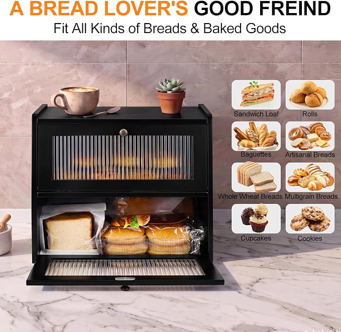 Alpeir Wooden Bread Box for Kitchen Countertop, Large Double Layer, Black | Food-Safe Pine Wood, Double-Row Ventilation, Strong Acrylic Window, Raised Top Shelf, Easy Care, Farmhouse Corner Container