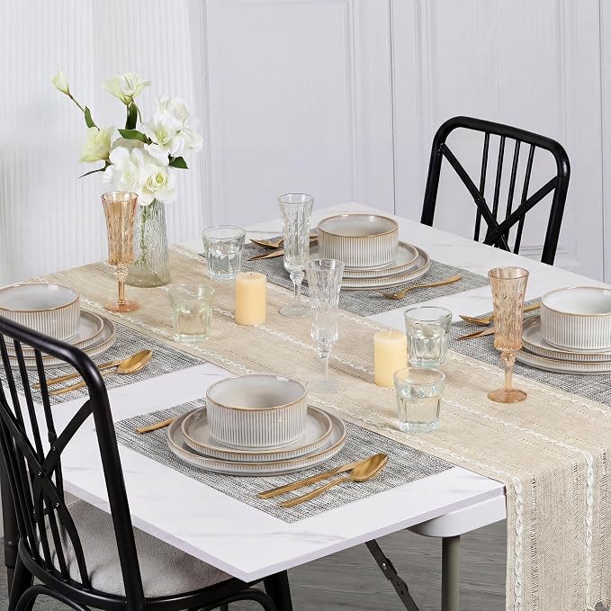 E-far Stoneware Dinnerware Sets for 2, 6-Piece Plates and Bowls Sets, Beige | Plate Set for 2, Chip & Scratch Resistant Ribbed Dish Set for Home Restaurant, Microwave & Dishwasher Safe, Creamy Beige
