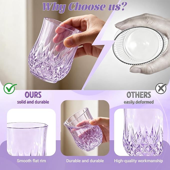 24 Pack Plastic Stemless Wine Glasses, 12oz Unbreakable Wine Cups | Reusable Fancy Vintage Drinking Glass Bulk for Cocktail, Whiskey, Juice, Elegant Decor for Wedding, Party & Holiday Events