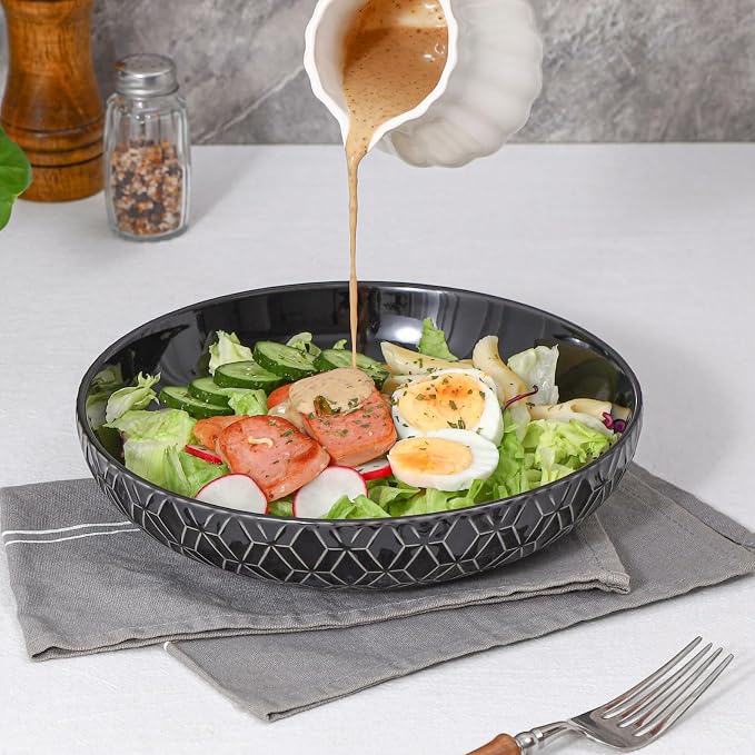 Sureasy 9.7inch Pasta Bowls Set of 4, 42oz Large Salad Bowls for Kitchen, Embossed Ceramic Serving Bowls for Fruits, Soup, Pasta and Salad, Microwave & Dishwasher Safe, Black