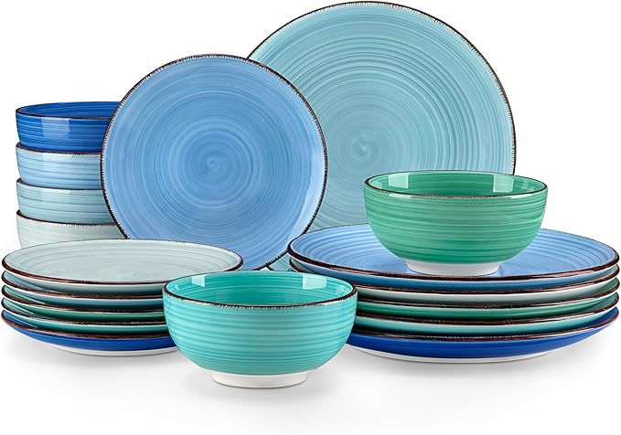 vancasso Bonita Plates and Bowls Set 18 Pieces Blue Stoneware Service for 6 | Modern Round Dinnerware Sets, Hand-Painted Spiral Dishes Set-Microwave and Dishwasher Safe (Blue,18 Pcs)