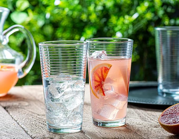 Le'raze Set of 16 Heavy Base Ribbed Durable Drinking Glasses Includes 8 Cooler Glasses (17oz) and 8 Rocks Glasses (13oz), Clear Glass Cups - Elegant Glassware Set