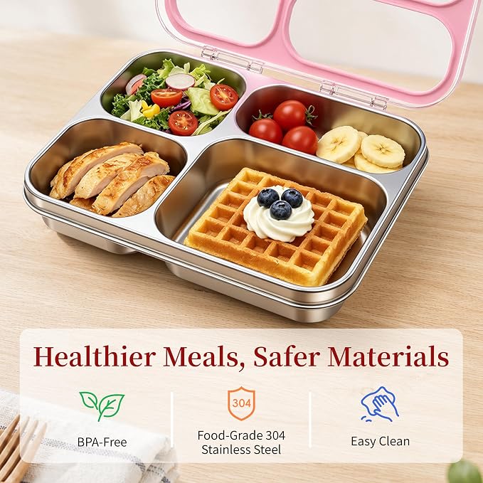 Stainless Steel Lunch Box for Kids, Leakproof 4 Compartment Kids Bento Lunch Box with Clear Lid, BPA-Free Steel Lunch Box Containers for School Travel (Pink)
