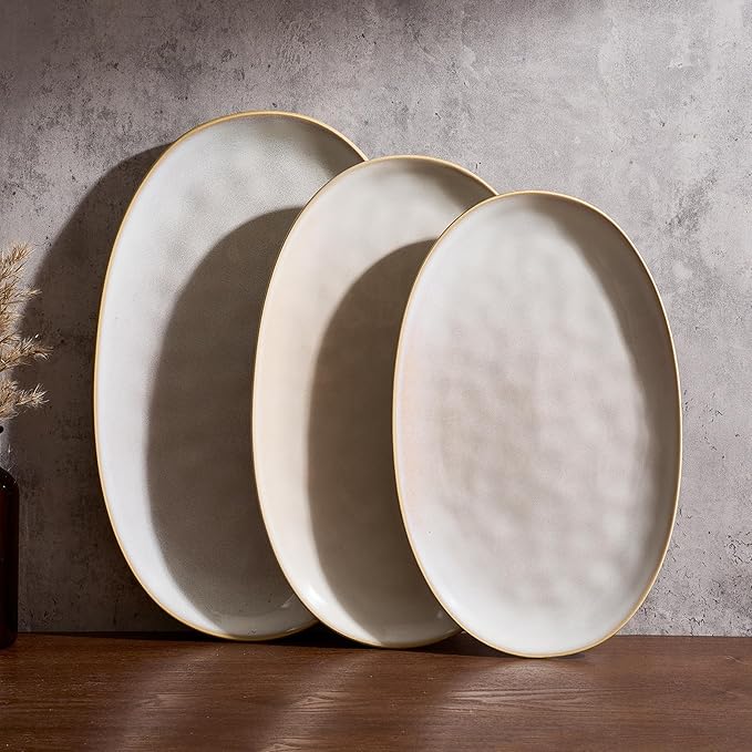 famiware Serving Platters Set of 3 Sizes - Oval, Cappuccino White | 15.59"/14.3"/12.9" Fine Stoneware Serving Trays for Party, Entertaining for Food, Turkey, Cheese, Microwave Dishwasher Safe