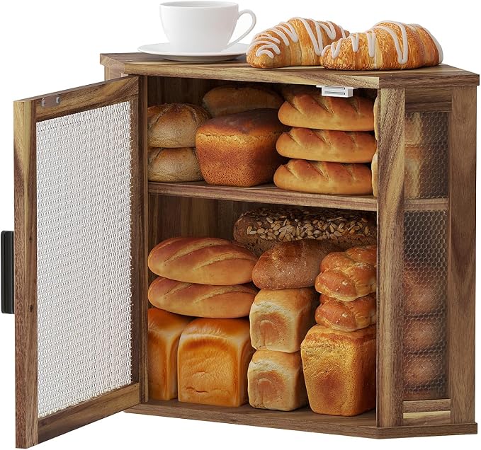 STDDRE Corner Bread Box for Kitchen Countertop 2-Tier Acacia Wood Kitchen Countertop Bread Storage Large Capacity Farmhouse Bread Box with Window Bread Holder Corner Food Organizer (Medium)
