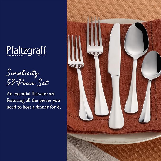 Pfaltzgraff Simplicity 53-Piece Flatware Set, 18/0 Stainless Steel Silverware Set for 8 with Serving Utensils, Classic Dining Cutlery for Everyday Use and Entertaining