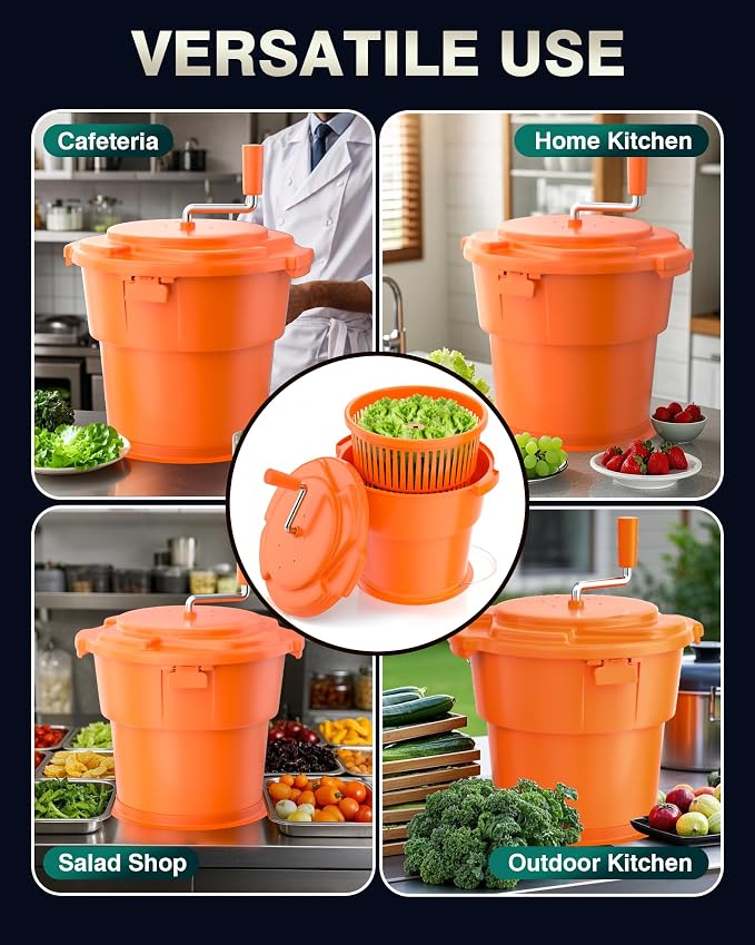 WantJoin Commercial Salad Spinner - [6 Gallon Salad Dryer] w/Silicone [Anti-slip Mat] & [Draining Hose], 24Qt Manual Salad Spinner for up to 7 Heads of Lettuce Spinner Large for Catering, Orange