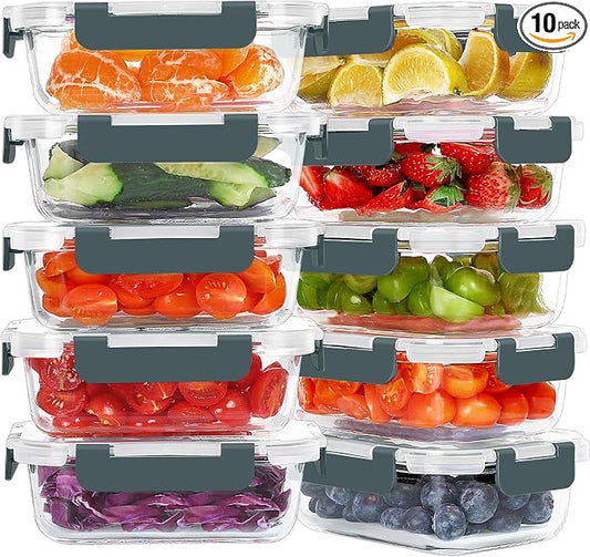 10 Packs 22 oz Glass Meal Prep Containers, Gray | Glass Food Storage Containers with Snap Locking Lids, Airtight Lunch Boxes, BPA-Free, Microwave, Oven and Freezer Safe
