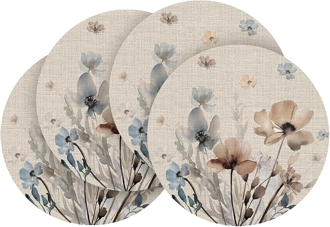 Artoid Mode Brown Poppy Floral Round Placemats Set of 4, 14 Inch Washable Non-Slip Plastic Woven Plastic PVC Place Mats for Farmhouse Party Dining Decor