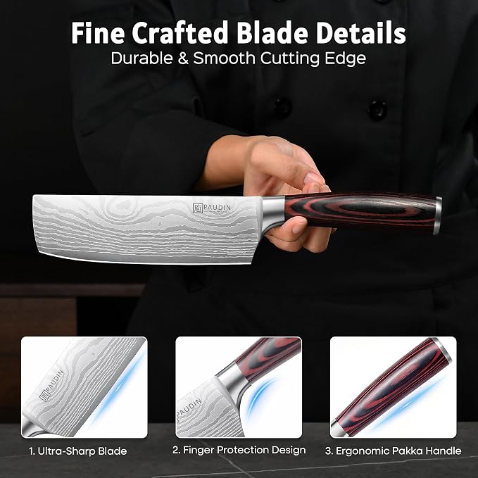 PAUDIN Nakiri Knife - 7" Razor Sharp Meat Cleaver and Vegetable Kitchen Knife, High Carbon Stainless Steel, Multipurpose Asian Chef Knife for Home and Kitchen with Ergonomic Handle