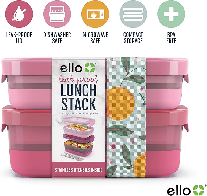 Ello Lunch Stack Bento Box, 2-Pack Guava One Size | Leakproof bento box food containers, 2 pack. BPA-free, great for meal prepping, school & office lunches, and leftovers.