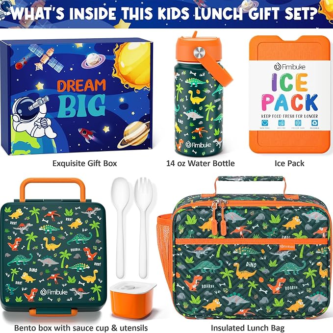 Fimibuke Kids Bento Lunch Box with Toddler Insulated Water Bottle Lunch Bag | Lunch Box Kids with 4 Compartments, Ice Pack & Utensils Set, Birthday Gifts for Ages 3-12 Back to School Toddler Girls Boys