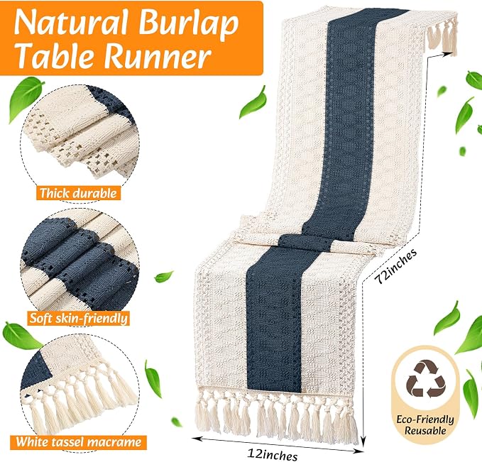 4 Sets Boho Decoration Placemats Round Woven Placemats, Cloth Napkins, Wood Bead Napkin Rings, Long Table Runner and Farmhouse Burlap Cotton for Table Kitchen (Blue,12x72)