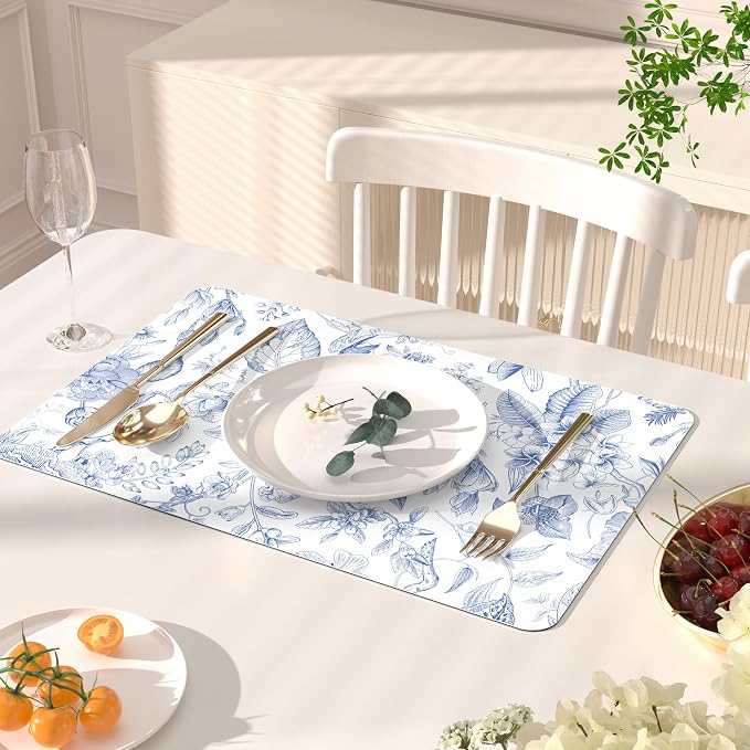 QIYI PU Leather Placemats Set of 6, 12"x18" Waterproof Table Mats, Toile | Faux Leather, Heat Resistant, Anti Slip, Wipeable Place Mats for Kitchen Dinning, Party Table Décor, Blue Flowers