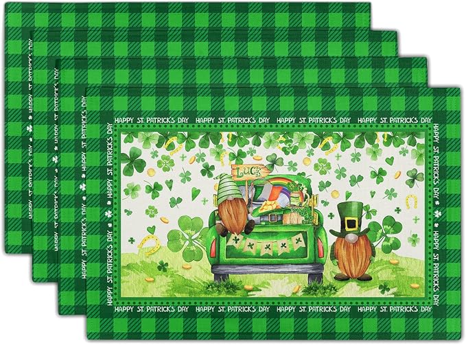 St. Patrick's Day Placemats 12x18 Inch Gnomes Truck Shamrock Clover Gold Coin Heat Resistant Table Mats Set of 4 Green Buffalo Plaid Washable Place Mats for Home Kitchen Dining Holiday Party