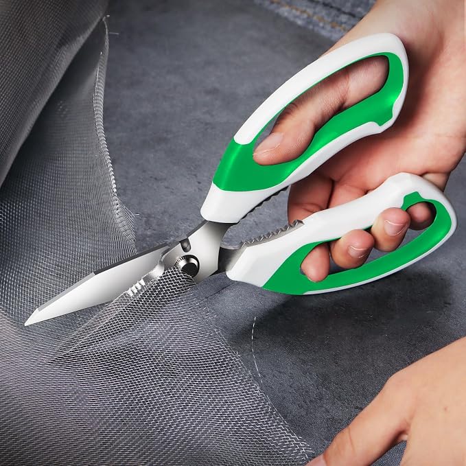 BoFuYuan Utility Scissors All Purpose heavy duty 8-Inch Green | Comfort Grip, Sharp Serrated Blades Cutting Carpet Cardboard Wire Fabric, Multipurpose Shears for Kitchen Garden Office Craft