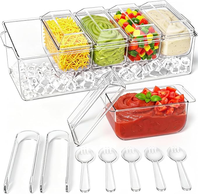 ARSTPEOE Condiment Tray, Chilled Condiment Server, Bar Accessories on Ice | Condiment Caddy for Home, Party and Celebration, Bar Accessories with Removable Trays and Lids (5 Spoons & 2 Tongs)