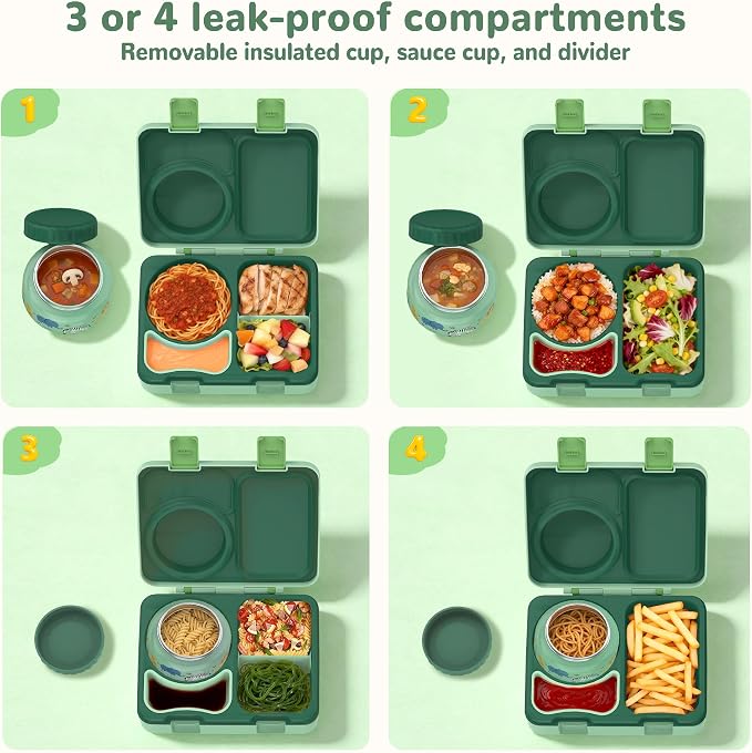 Bento Box for Kids, Leakproof Kids Lunch Box with 8.5OZ Thermo Food Jar & Lunch Bag, 3-4 Compartments Toddler Insulated Lunch Box for Boys, BPA Free Lunch Containers for School Daycare
