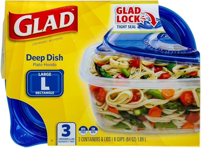 Glad GladWare Deep Dish Food Storage Containers, 64 Oz, 3 Count, 6-Pack | Lock-tight seal for soups, salads, and meal prep in a large rectangle format; microwave and dishwasher safe