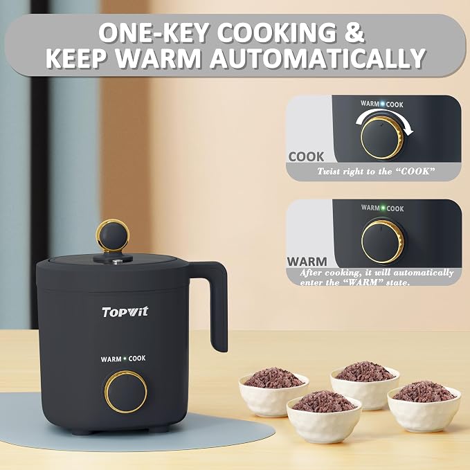 TOPWIT Rice Cooker Small 2-Cup Uncooked, Mini Rice Cooker, Removable Pot | 1.2L, Nonstick Pot, BPA-free, One-touch Operation, Auto Keep Warm, Ideal for Dorm, Office & Travel, Compact & Portable, Grey