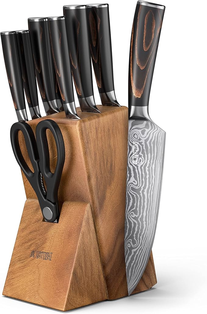Yatoshi 9 Piece Block Set Classic- Pro Kitchen Knife Set Ultra Sharp High Carbon Steel with Ergonomic Handle