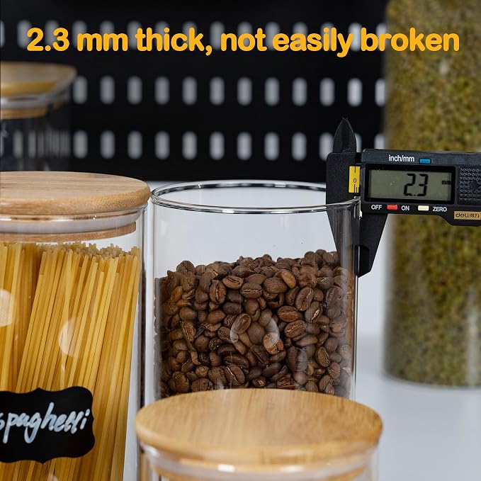 D2scrma 70oz Straight cylindrical Airtight Storage Jars with Bamboo Lid Set of 3 Storage Container Glass Jars, Kitchen Canister for Noodles, Pasta and Coffee beans (‎with Black Lable)