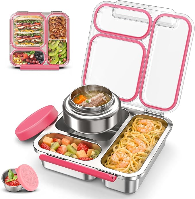 Stainless Steel Bento Box Kids Adult with 7oz Soup Thermo, Transparent Lid 3 Compartments Metal Bento Lunch Box with Insulated Food Jar,Lunch Box Container Sauce Cup for School,BPA-Free (Pink)