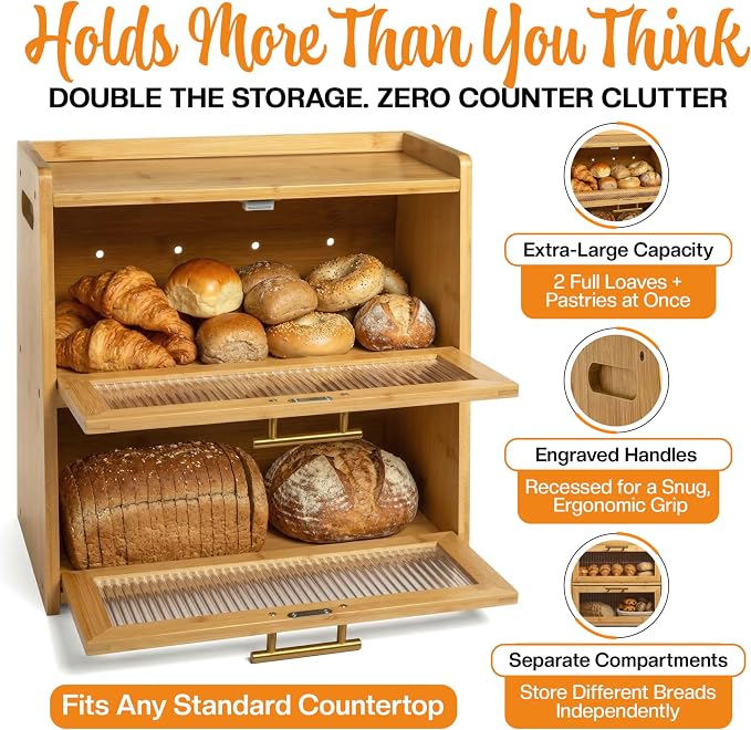 Extra Large Bamboo Bread Box for Kitchen Countertop, Double Layer Wooden Breadbox Holds Multiple Loaves of Homemade Bread, 16.5 Inch Storage Container with Frosted Acrylic Windows
