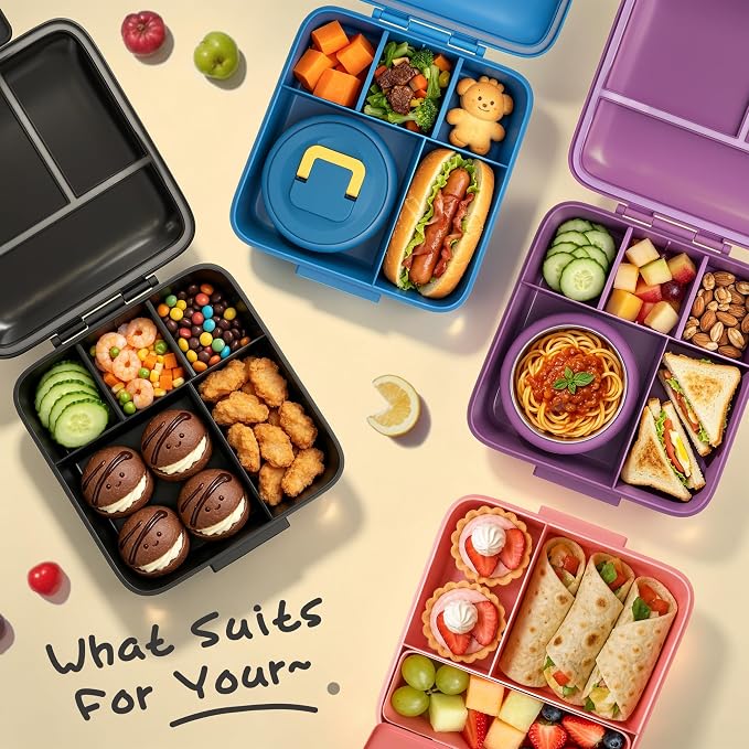 JXXM Bento Lunch Box for Kids With 8oz Soup thermo,Leak-proof Lunch Containers with 5 Compartment,thermo Food Jar and Lunch Bag, Food Containers for School (A-Black(Dinosaur Fossil))