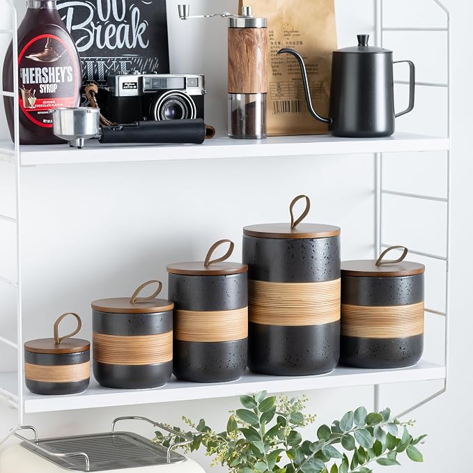 Miamolo Coffee Container Jar with Lid, Ceramic Kitchen Food Storage Jars for Spice Sugar Cookie, Stackable Decorative Jars for Coffee Bar, Black & 28 fl.oz