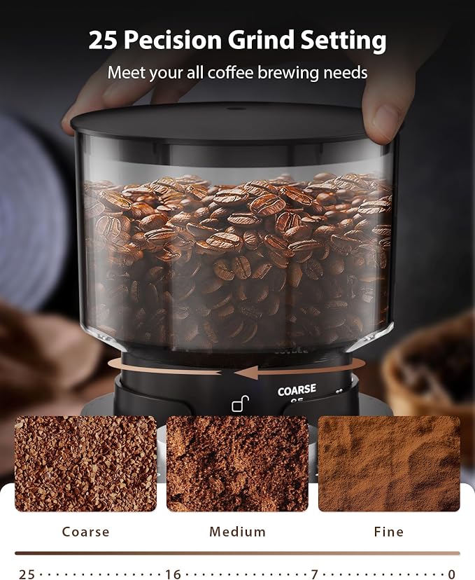 Aromaster Burr Coffee Grinder, 25 Settings, 2-12 Cups, Anti-Static, Black | Stainless Steel, Removable Burr, Brush for Easy Cleaning, Coffee Grinder for Espresso French Press Home Use, Compact, Quiet