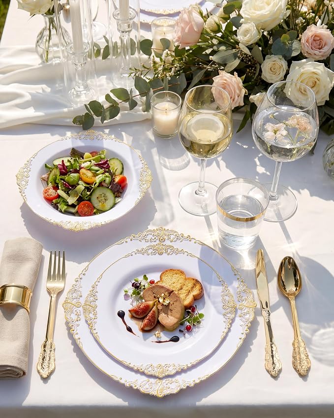 Nervure 700Pcs Gold Plastic Plates, Plastic Dinnerware Set for 100 Guests | 100 7.5" Dessert & 100 10.25" Dinner Plastic Plate, 300 Silverware, 100 10oz Cups, 100 Napkin for Wedding & Party, BPA-free