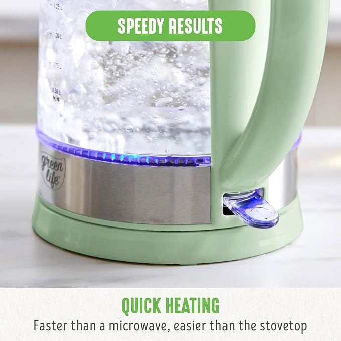 GreenLife 1.7 Liter Electric Glass Kettle, Sage Green | Glass Body, Auto Shutoff, Thermal Shock Resistant, Quick Heating, Easy One Touch Use, Cordless Serving, LED Base, Coffee/ Tea