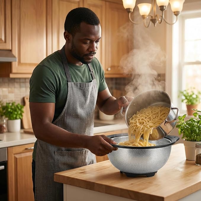 304 Stainless Steel Colander 3-Quart, Heavy Duty Metal Strainer with Riveted Handles, Micro-Perforated Food Strainer for Draining Pasta, Orzo, Rice, Berry, Stable Ring Base, Rust Free