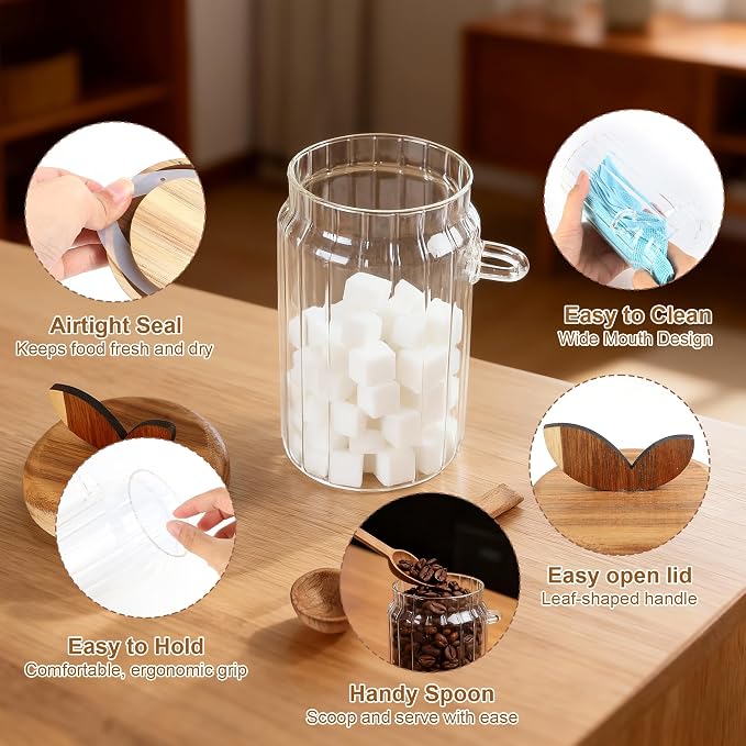 holoith 2 Pack Sugar Bowl Sugar Container 27oz Glass Jars with Bamboo Lid and Spoon, Airtight Food Storage Jar for Coffee Bar, Kitchen Canisters for Coffee Beans, Spice, Brown Sugars, Nuts, Candy | Airtight Food Storage Jar for Coffee Bar, Kitchen Cani...