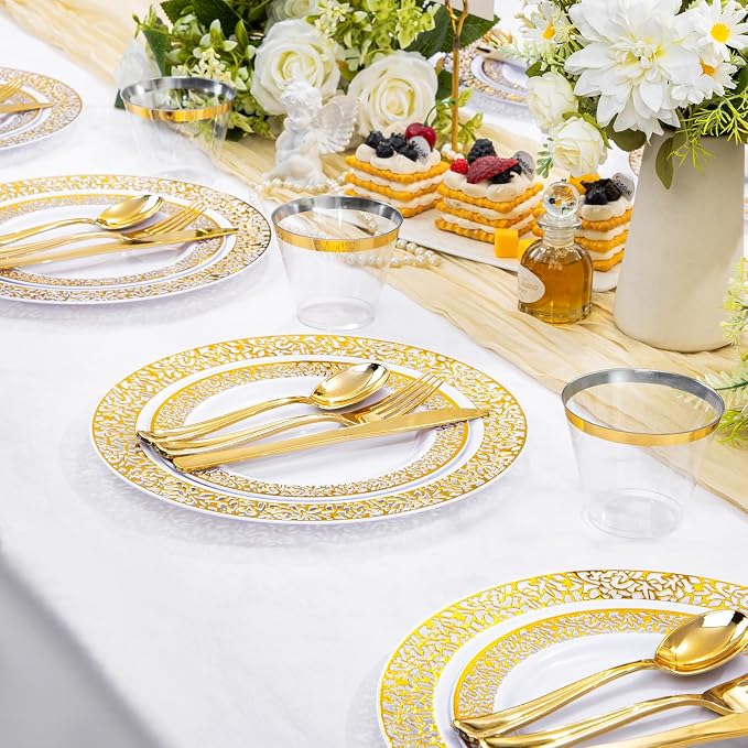 WELLIFE 210Pcs Gold Plastic Dinnerware - Disposable Silverware and Cups, Include:30 Dinner Plates, 30 Dessert Plates, 30 Paper Napkins, 30 Cups, 30 Gold Plastic Cutlery Set for Party and Wedding