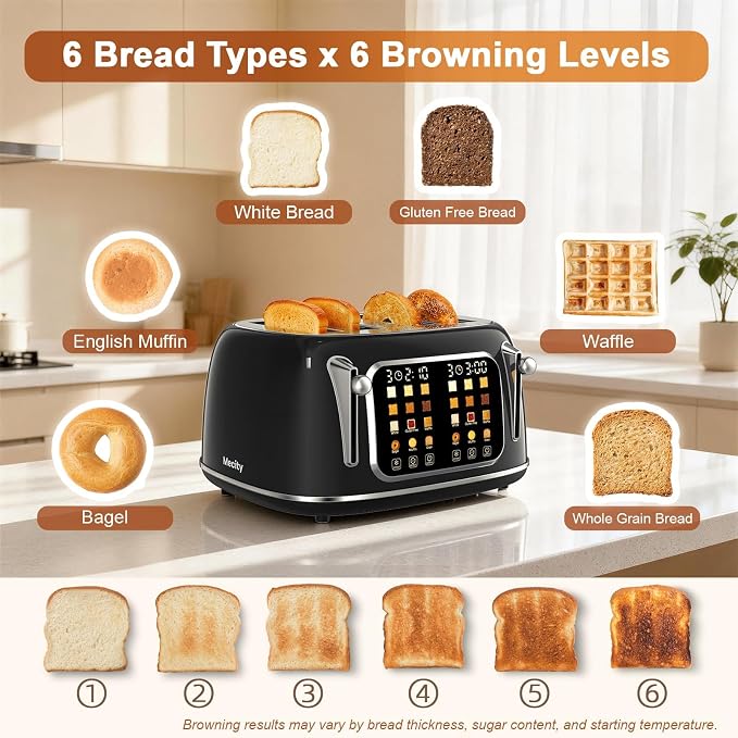 Mecity Toaster 4 Slice, Touch Screen Wide Slot Retro Toaster For Breads Bagel Muffin Waffle, House Warming Gift New Home, 120V 1650W, Jet Black