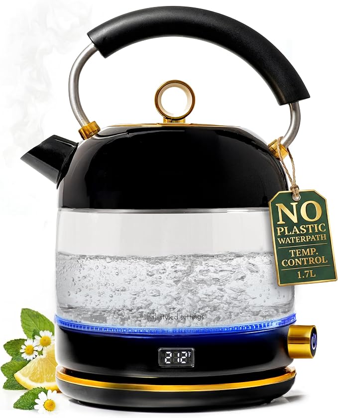 Styled Settings Glass Electric Kettle No Plastic, Black and Gold | 1500W Fast Hot Water Boiler with Temperature Control for Coffee and Tea - Stylish Stainless Steel Kettle, Automatic Shut-Off