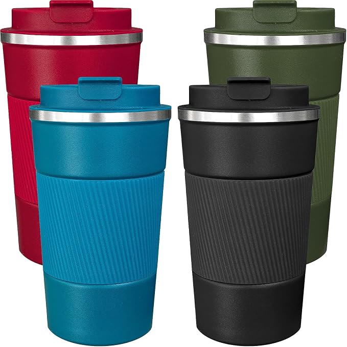 4 Pack Insulated Coffee Mug with Lid 17oz Travel Coffee Tumbler Stainless Steel Reusable Coffee Cups Thermal Coffee Mug for Hot and Iced Cold Drinks, Multicolor