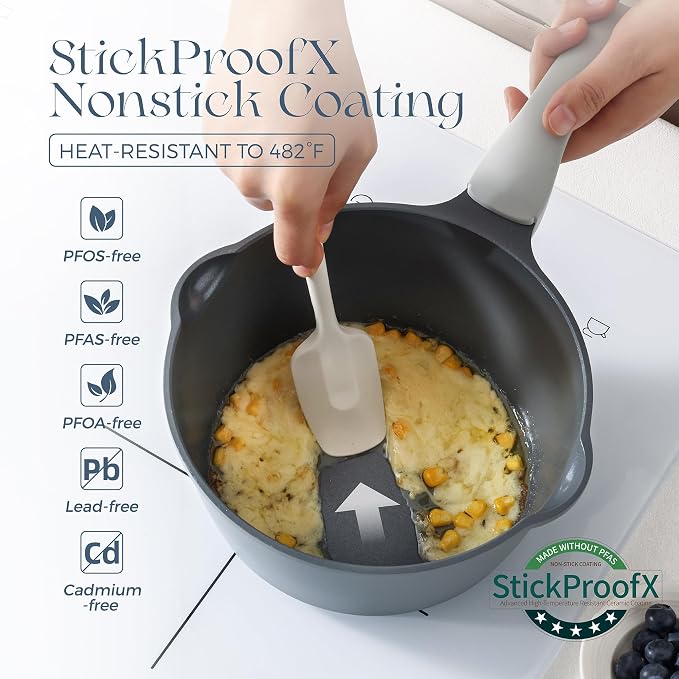 PRICUSIS Ceramic Nonstick Saucepan with Lid, 3 Quart Non Toxic Pot with Pour Spouts, Full Coated, 100% Dishwasher Safe, Induction Compatible, PTFE PFAS & PFOA Free, Grey