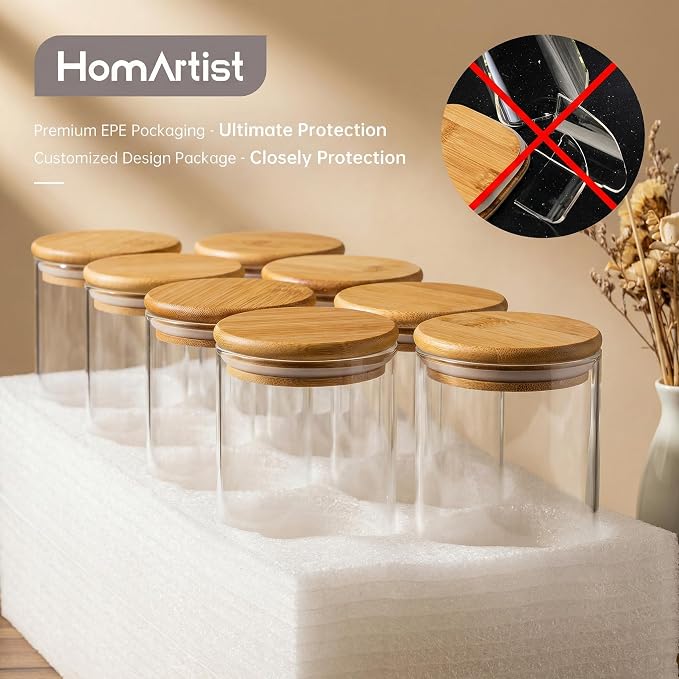 HomArtist Glass Jars with Bamboo Lids [Muti Size Set of 5], Glass Canisters with Airtight Lids, Glass Food Storage Containers for Pasta, Oats, Coffee, Flour, Sugar, Rice, Best for Kitchen & Pantry | 79oz/53oz/27oz Airtight Jars for Pantry & Kitchen, Du...