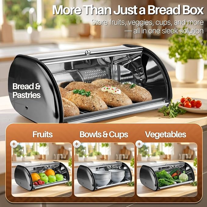 Flexzion Stainless Steel Bread Box, 16-Inch Bread Bin for Countertop | Large Bread Storage Container for Loaves, Bagels, Pastries, and Snacks; 15.75 X 10.83 X 7.28 Inches
