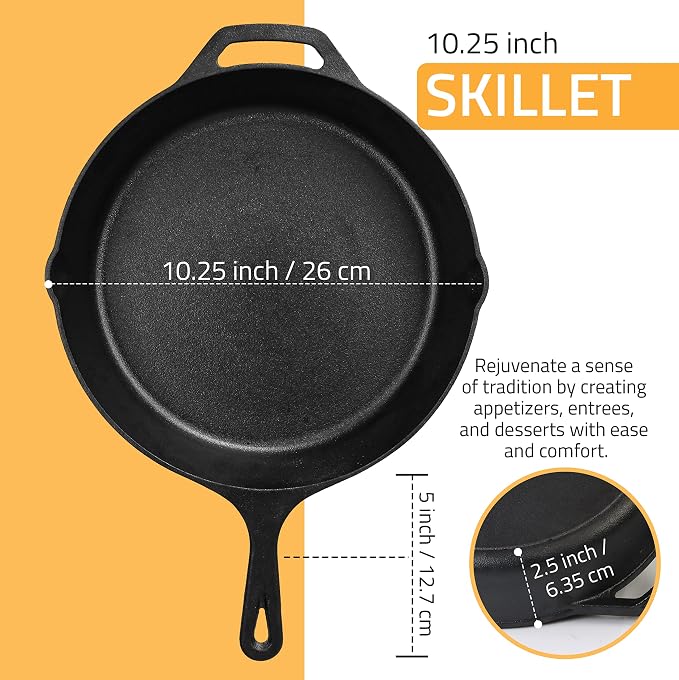 Utopia Kitchen Cast Iron Skillet 10.25 Inch Pre-Seasoned PFAS-Free Black | Chef Pan, Even Heat Distribution, Stovetop, Oven, Campfire and Grill Safe, Large Skillet, Indoor Outdoor Use