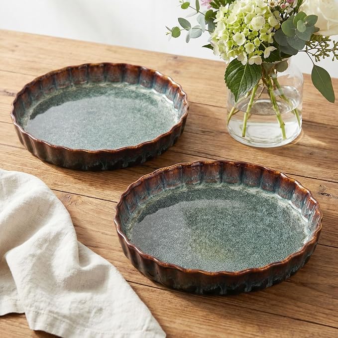 Ceramic Pie Pan Quiche Baking Dish, 11 Inch Round Ruffled Edge Au Gratin Baking Dishes, 1.4 Quart Non-Stick Pie Dish, Tart Pan, Pie Plate for Apple, Oven, Dishwasher and Microwave Safe